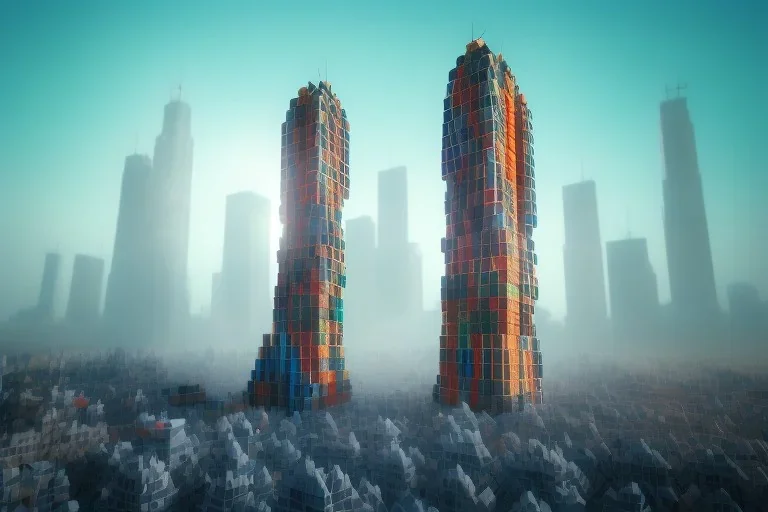 City Towers made out of stacked Rubik's CubeS, Orange, white, blue, green