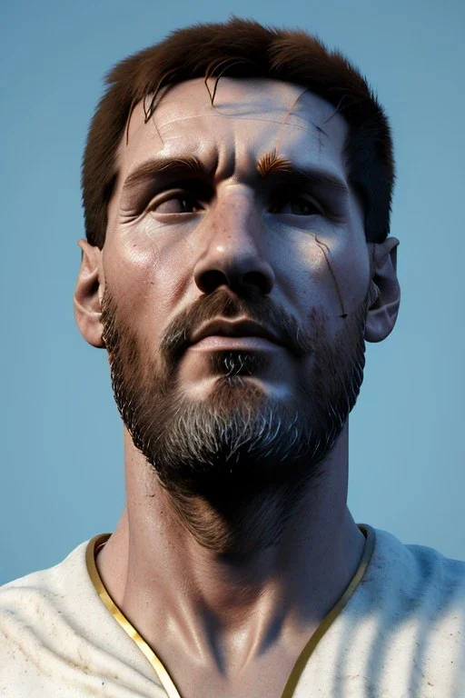 Ultra Realistic image, Roman sculpture, white marble material, Lionel Messi, gold crown of thorns, god crown, Renaissance style, sun rays background, waist up portrait, epic, celestial, cinematic lighting, God lights, 4k resolution, smooth details, soft lighting, unreal engine 5, art station, substance 3d.