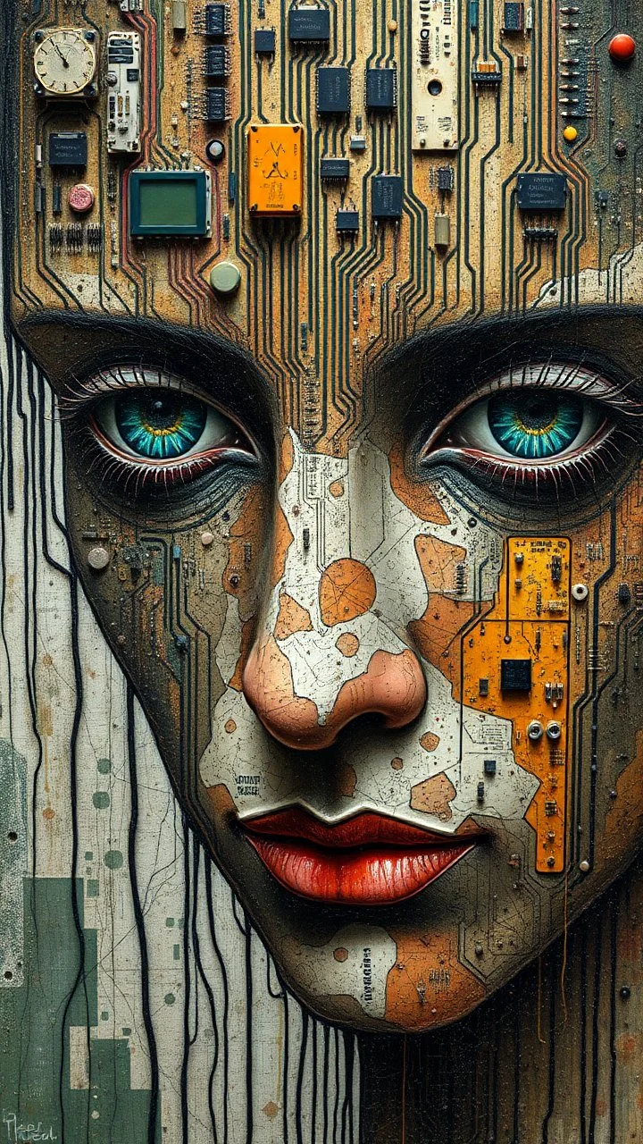 Bosch style painting , A face in details . The texture of the face is a collage of many peace’s of electronic chips , transistors , wires and buttons parts