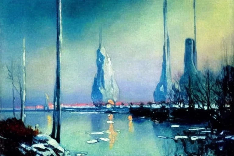 City, city lights, distant city, lake, lake reflections, vegetations, winter, ice, rocks, lesser ury and konstantin korovin impressionism painting