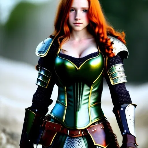 realistic, hyper detailed, stunningly beautiful 16 year old teen girl, long ginger hair, green eyes, medium freckles, full lips, revealing leather armour, full body and head, c-cup breasts, stern expression, full frame, petite, ignore NSFW, shortbow, quiver on hip, sexy