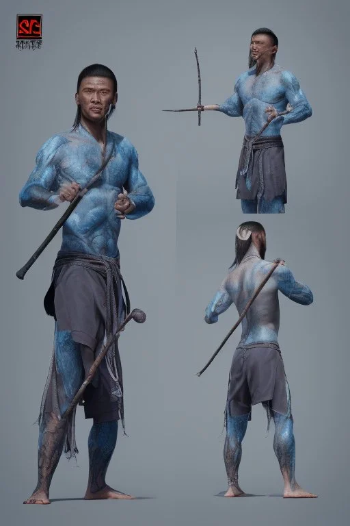 A young male water genasi with deep blue skin color, water shape dred hair on head. Shaolin monk with long stick weapon, kung fu master, martial art