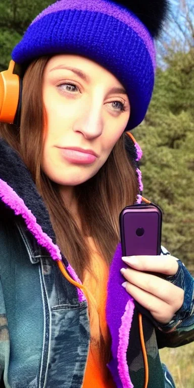 Brunette taking selfie.thick thighs,thick calves,flat belly,curvy fell. big head. Mantle is sewed of upcycled Denim and sewed together of camouflage pieces. Pieces' color are orange, cream and purple. It is with big bright purple felt tippet and birght-colored-hood is merged with colorful beanie. Big colored headphones (gold rings!) is merged with small felt cap with small visor. Style: Haute Couture in 1950's Africa, N.Y.C fashion in 2023