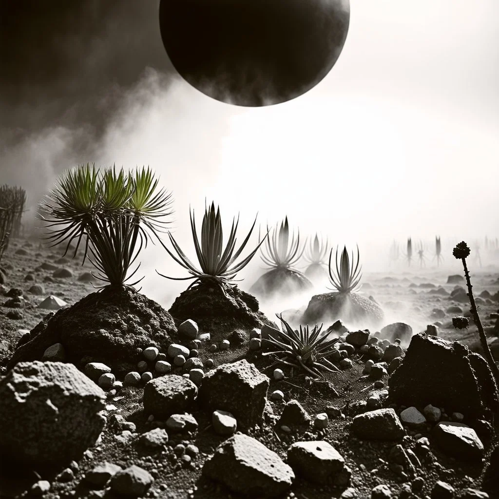 A striking quality photograph captures a wasteland with oddities and group of plants, creepy, details of the dust very accentuated, Yves Tanguy, Ernst Haekel, glossy organic mass, adorned with minerals and rocks. Bathed in intense light, eerie, Max Ernst style, black sun, fog