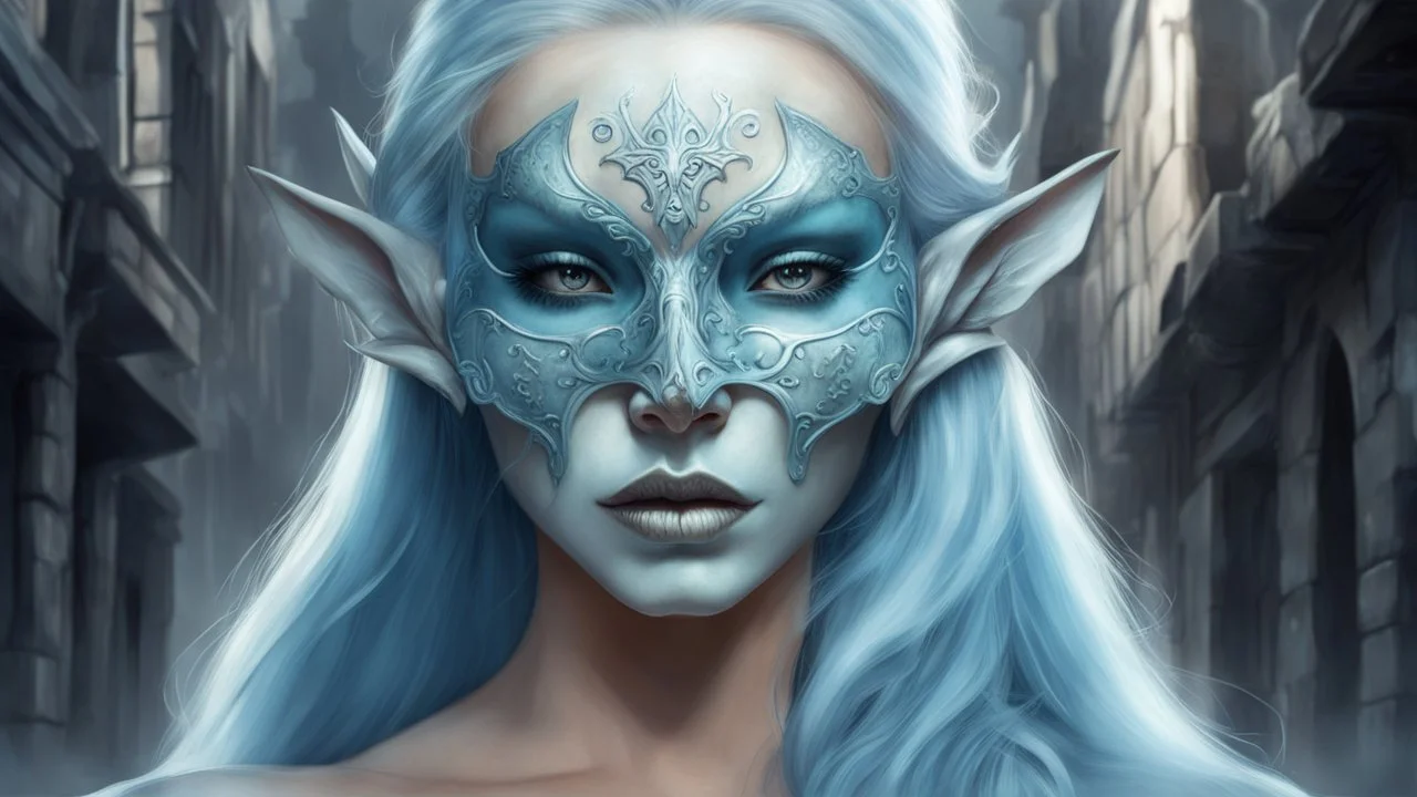 urban fantasy, woman, elf, skull mask, light-blue skin color