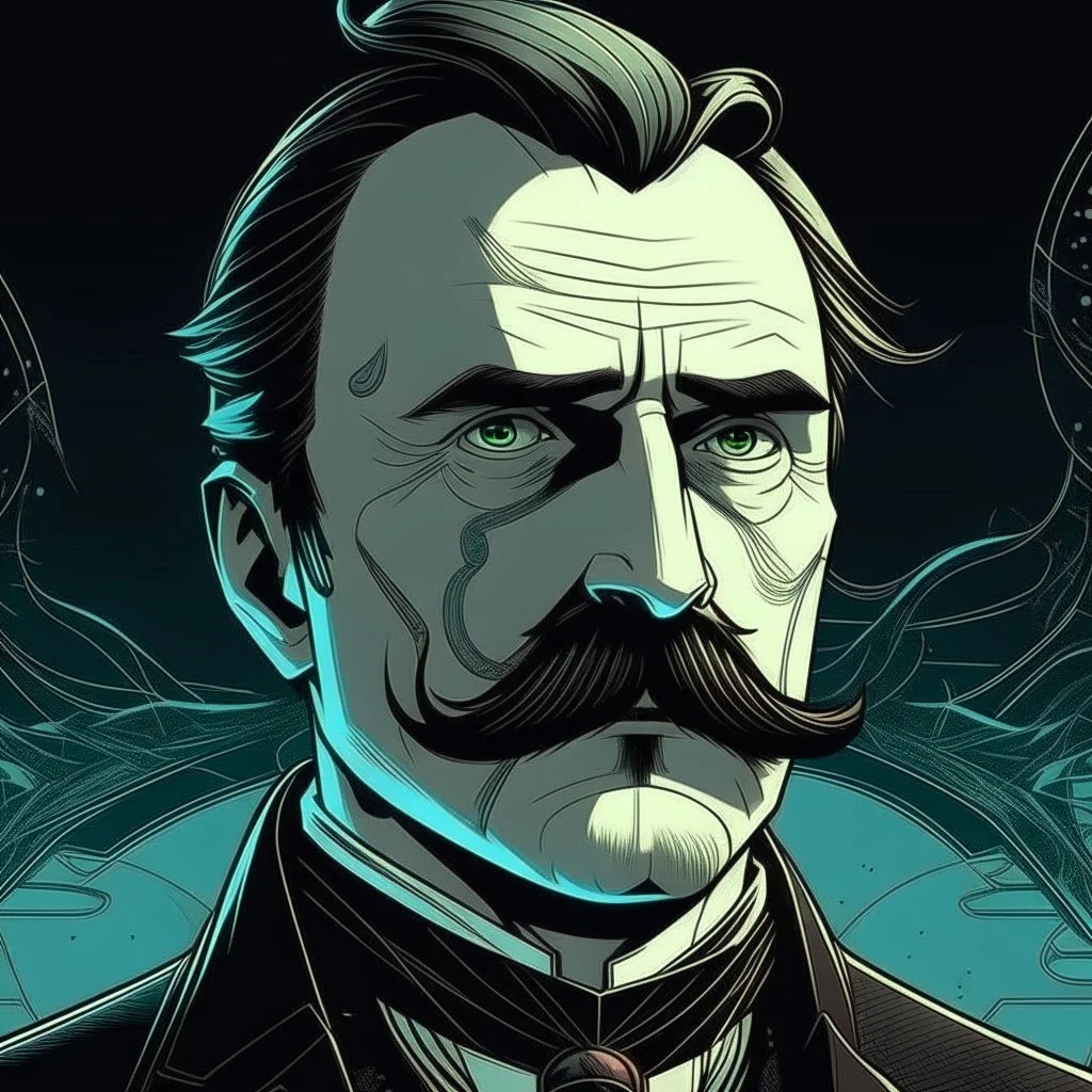 Futuristic, cyberpunk implants, Friedrich Nietzsche, Friedrich Nietzsche mustache, Comic style