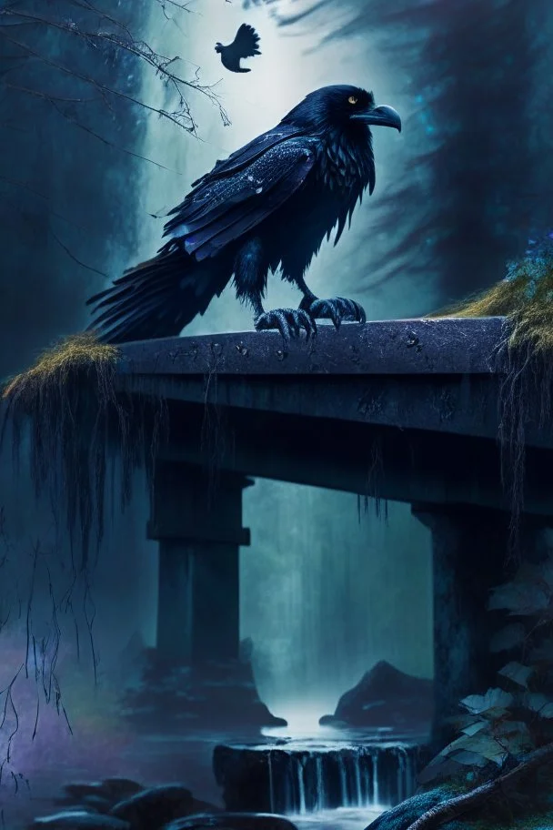 storm crow on stone bridge in magical forest, 4 k, trending art, depth of field, high detail, high contrast