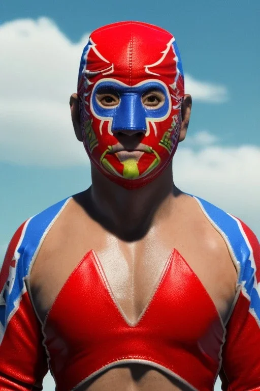 realistic image of joe biden as a mexican wrestling fighter posing, Mexican eyes wrestling mask, red and blue breeches, retro style, 80s, vibrant color, highly detailed, sky background, concept art, unreal engine 5, god rays, ray tracing, RTX, lumen lighting, ultra detail, volumetric lighting, 3d, finely drawn, high definition, high resolution.