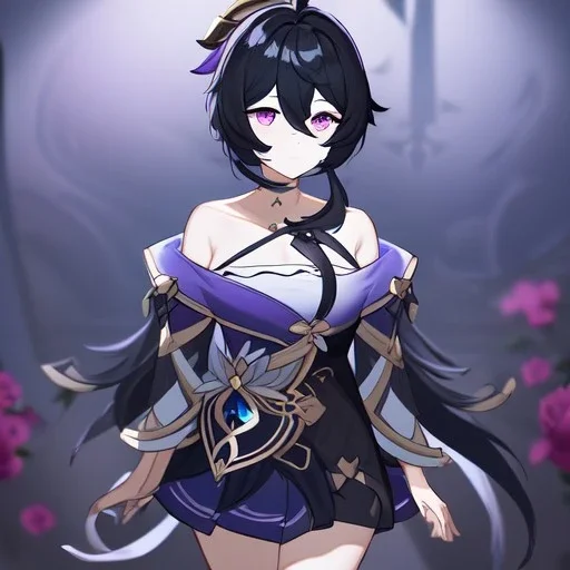 Clear focus, High resolution, rough line sketch art, long black hair, hair between eyes, fluffy hair, purple eyes, wearing a off shoulder shirt, no spaghetti strapes, dark aura, 1girl, wearing a skirt, genshin impact, genshin impact style outfit, (detailed outfit), (Lots of ribbons and flowers on outfit)