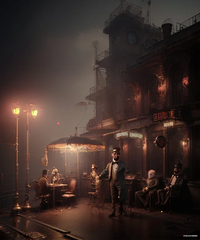 steampunk, cabaret scene. old man. little monkey, Sunglasses, rain, smoking, happy, hot. people background, highly detailed, concept art, unreal engine 5, god rays, ray tracing, RTX, lumen lighting, ultra detail, volumetric lighting, 3d, finely drawn, high definition, high resolution.