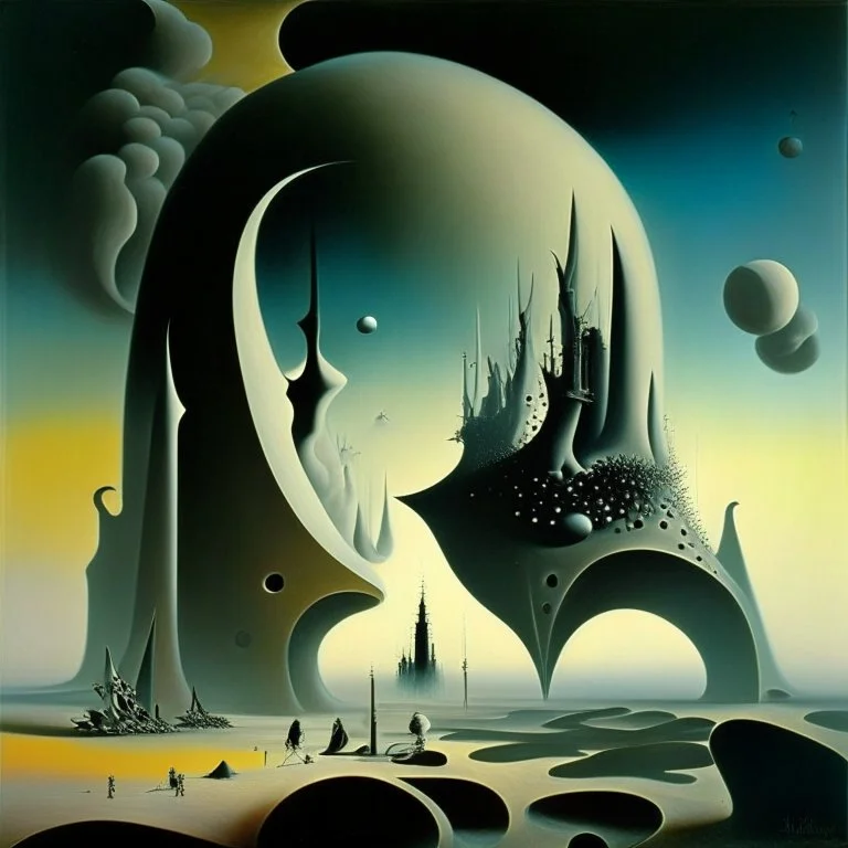 Odd open space, metaphysical, giant object, very detailed, person, Yves Tanguy