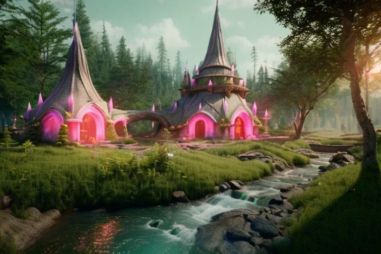 Immersive​ Magical fantasy elven town city tower forest rivendell tree flower pink green yellow beautiful nature river 4k full hd