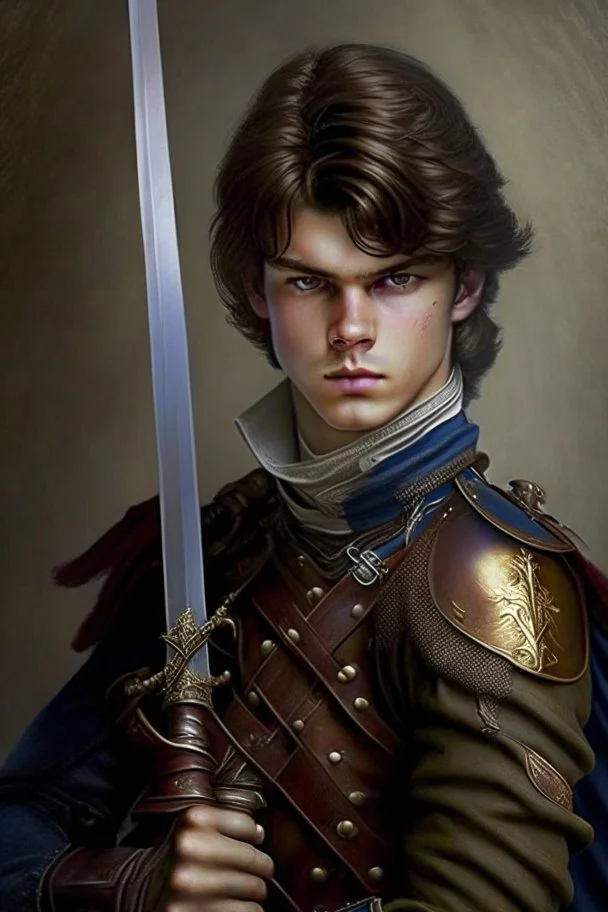 european brown hair young adult royal guard swordsman with rapier dieselpunk