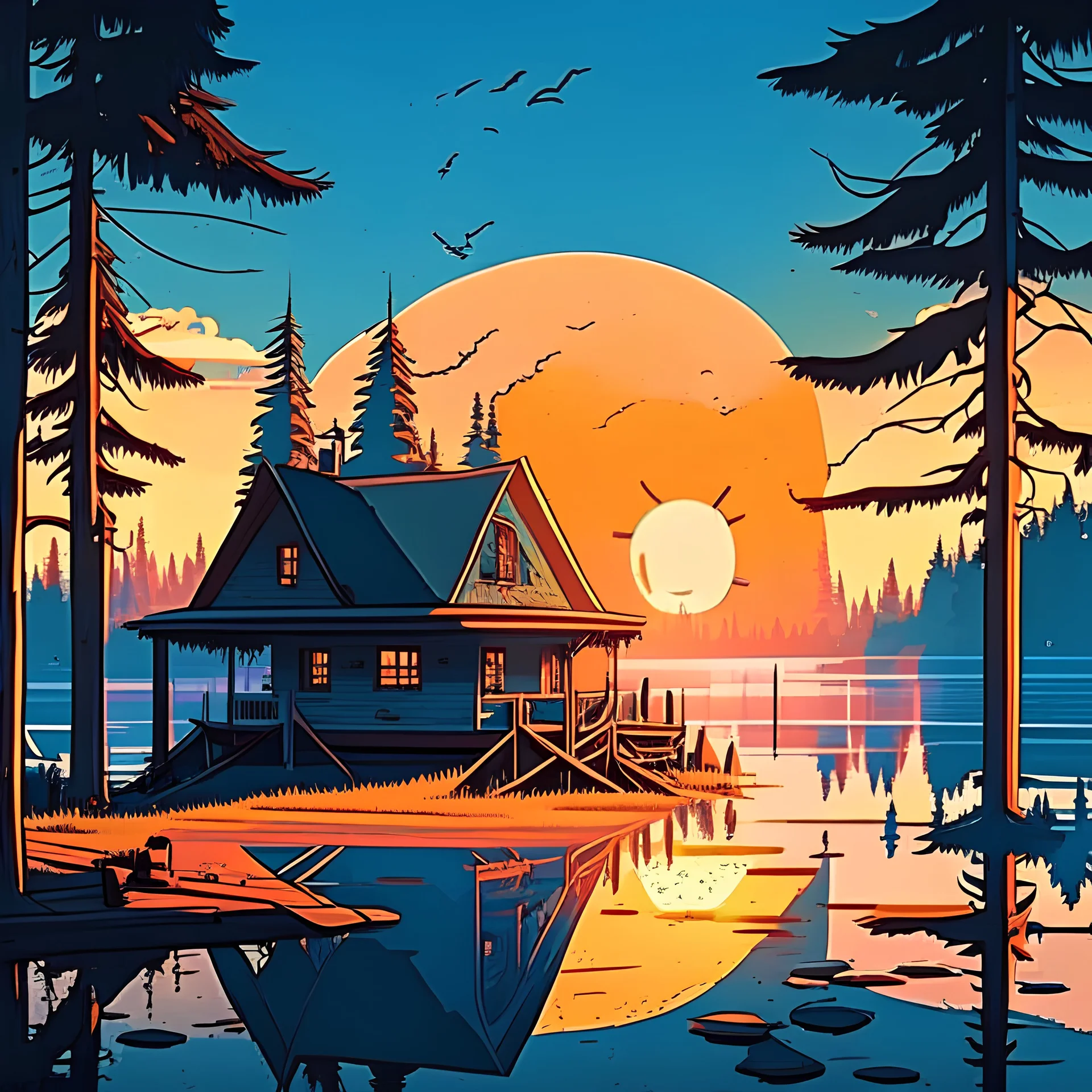 a quiet morning sunrise blue skies and sun near a lake and a cabin in a vampire city cartoon