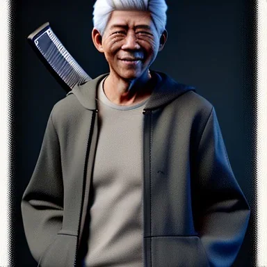 gray-haired young man with katana in black baggy jaket