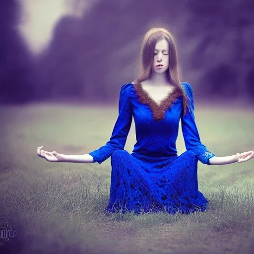 sourceress irish girl, beautiful, model, blue intricate lace dress, elf like, meditating, high definition, cinematic