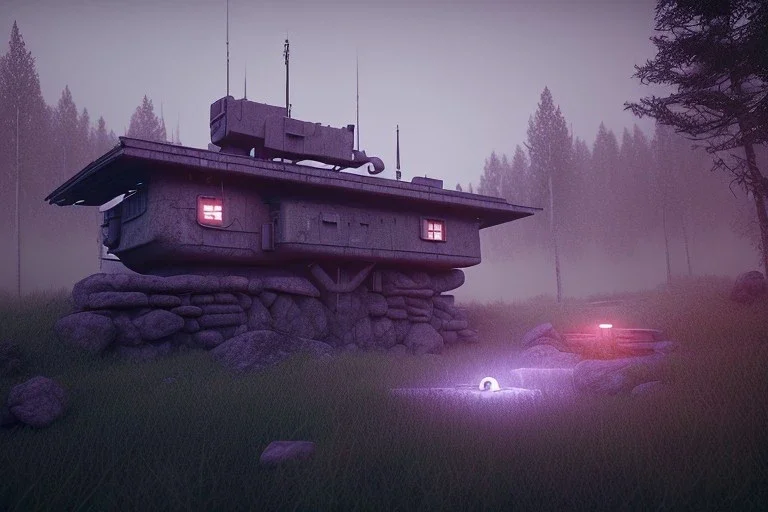 military outpost , in the hills, day time , unity, scriptable render pipeline , lighting , volumetric , global illumination, fog , purple emission , purple tone.