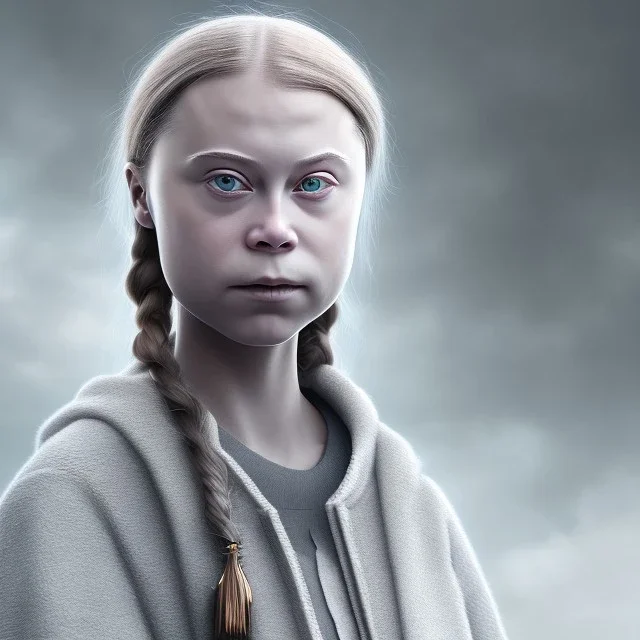 portrait of Greta Thunberg dramatic lighting, volumetric lighting, hyperrealisme, 8k, high quality, lot of details, fit within portrait