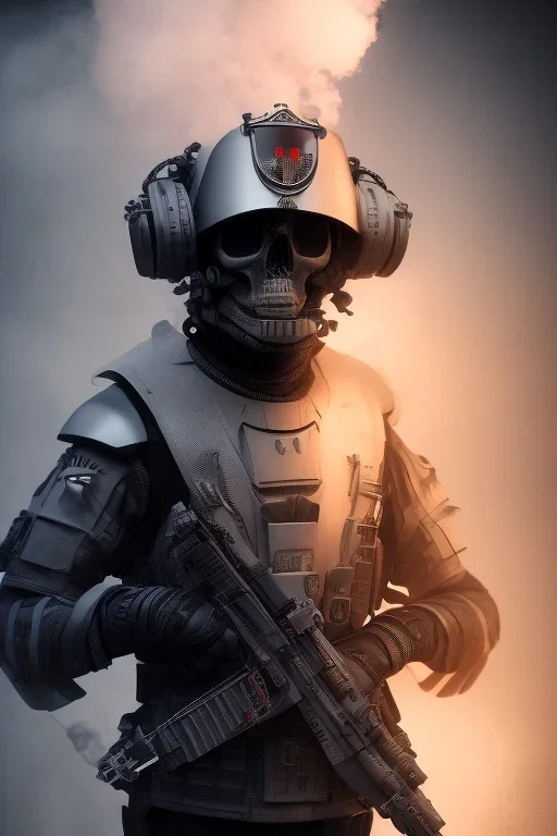 All black British soldier, high tech skull special forces helmet, shiny platinum helmet, white smoke, dark, rage, sorrow, high definition, ultra 8 k, volumetric lighting, blue fire, fog