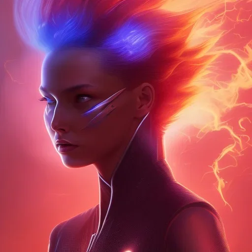 Dark Phoenix, X-Men , Jean Gray. hyperfantastic,hyperscifi,unreal engine.best colours,deep purple . fire theme .blue neon smoke.cinamatic,full cinematic lights.beautiful body details,beautiful face details,8k,