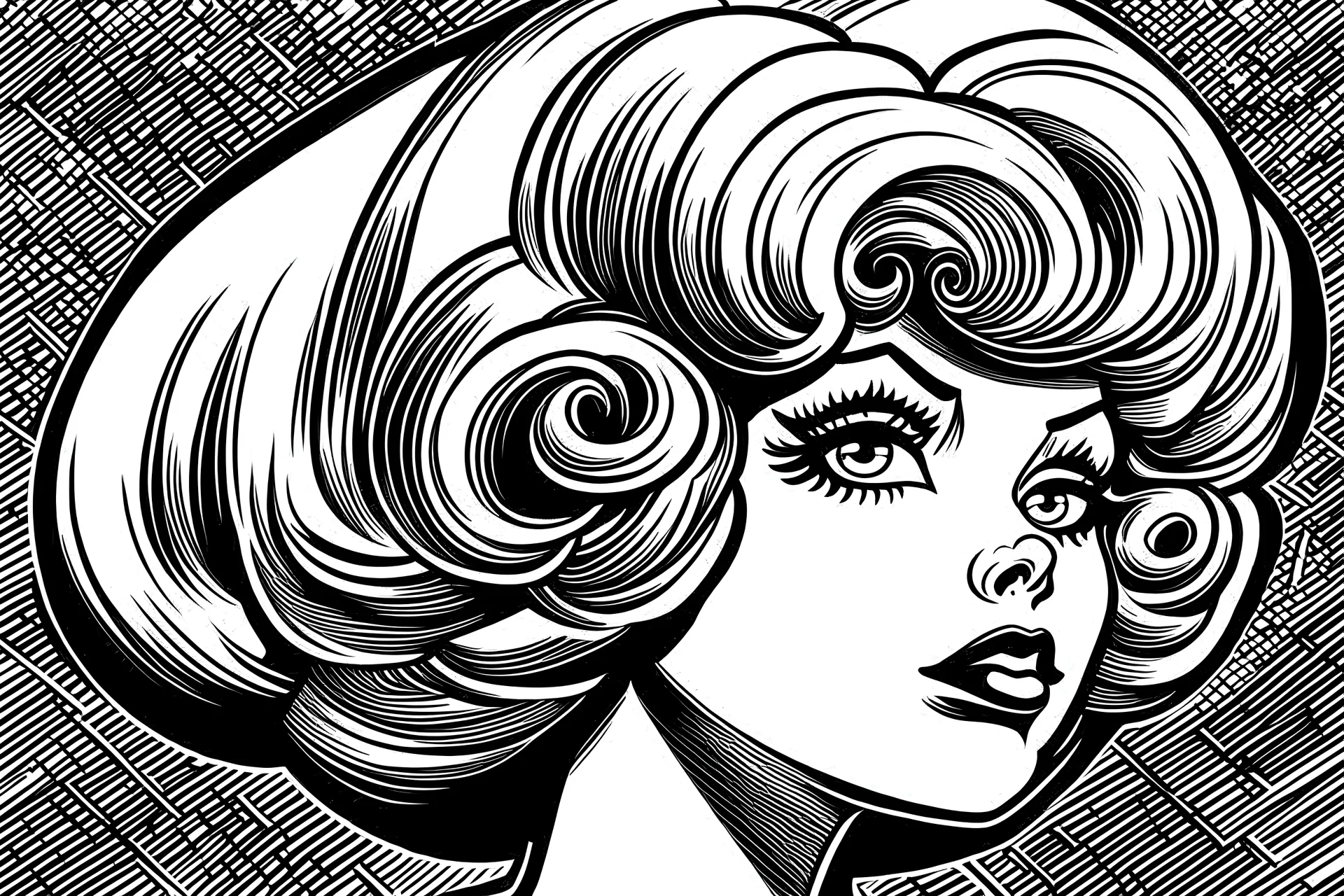 bombastic bon vivant big bold backcombed blond bouffant beehive. pig-faced yet chic, sleek & stylish cartoon lady contemporary depiction. bold, memorable, striking, stylized high contrast black & white line drawing on acid etched metal plates/archival monastic printmaking tradition of antiquity