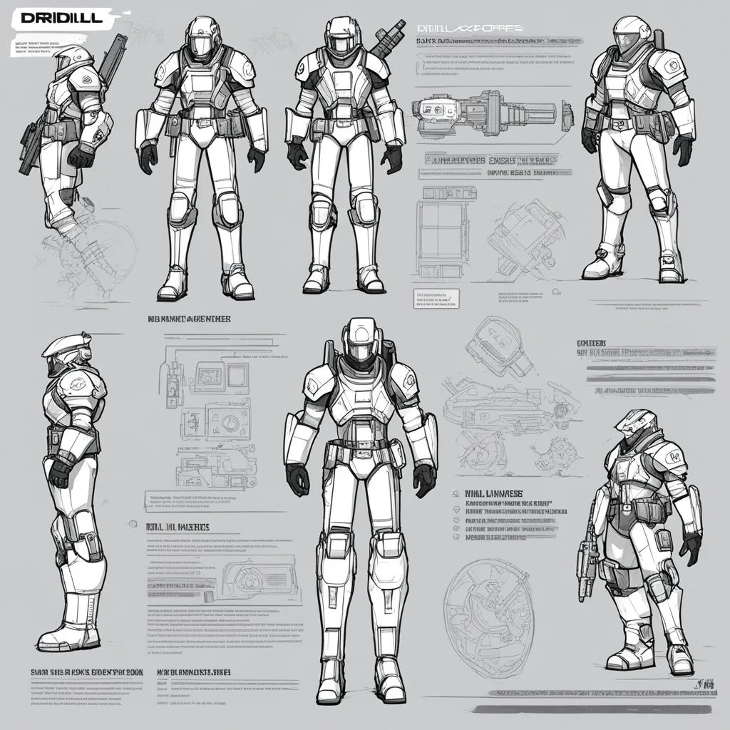 ConceptSheet for wii No More Heroes style with thick lines: sci-fi RPG Character Class Driller Character Class Concept: hDrill Gauntlets, Plasma Cutter, Exo-Suit, Multi-Tool Utility Belt, a weapon and all the package of a high-tech explorer