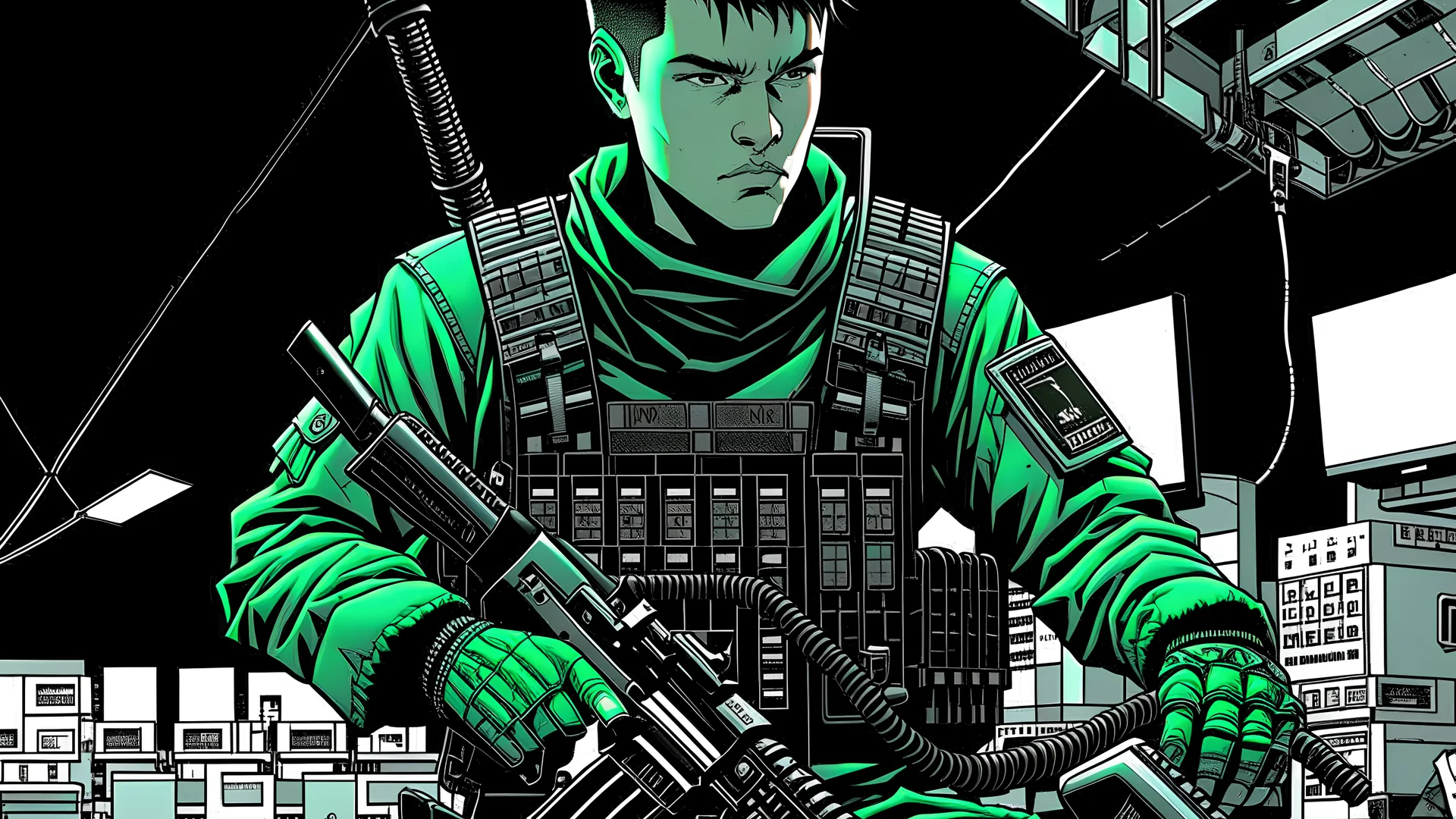 A strong teenage boy, wearing black tactical gear, works in a top secret Mobile Task Force Alpha-1 from SCP Foundation.