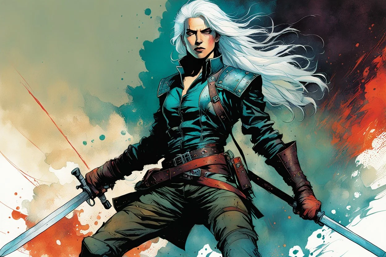 create an imaginative full body print illustration of an ethereal, otherworldly , ghost haired, female grandmaster Witcher in a tattered battle worn leather doublet and boots , in the comic book art style of Bill Sienkiewicz, Mike Mignola, and Jean Giraud Moebius, with highly detailed feminine facial features , finely drawn, colored and inked,