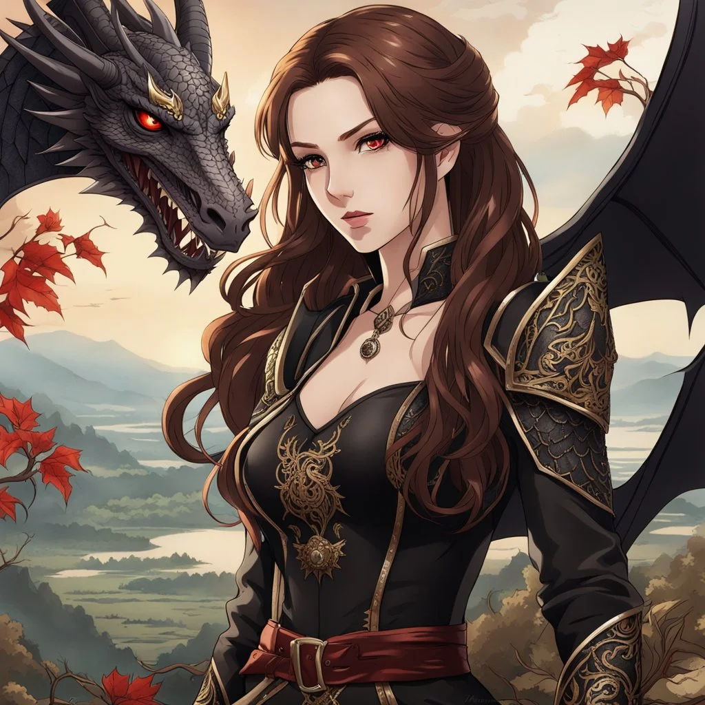 An arrogant looking young woman with pale skin and long brown hair in an outdoor fantasy setting with intricate details with a dragon flying in the far distance of the background. She is smirking, wearing black and read leather, has red eyes, an air of malevolent power surrounds her. Anime style. High definition.