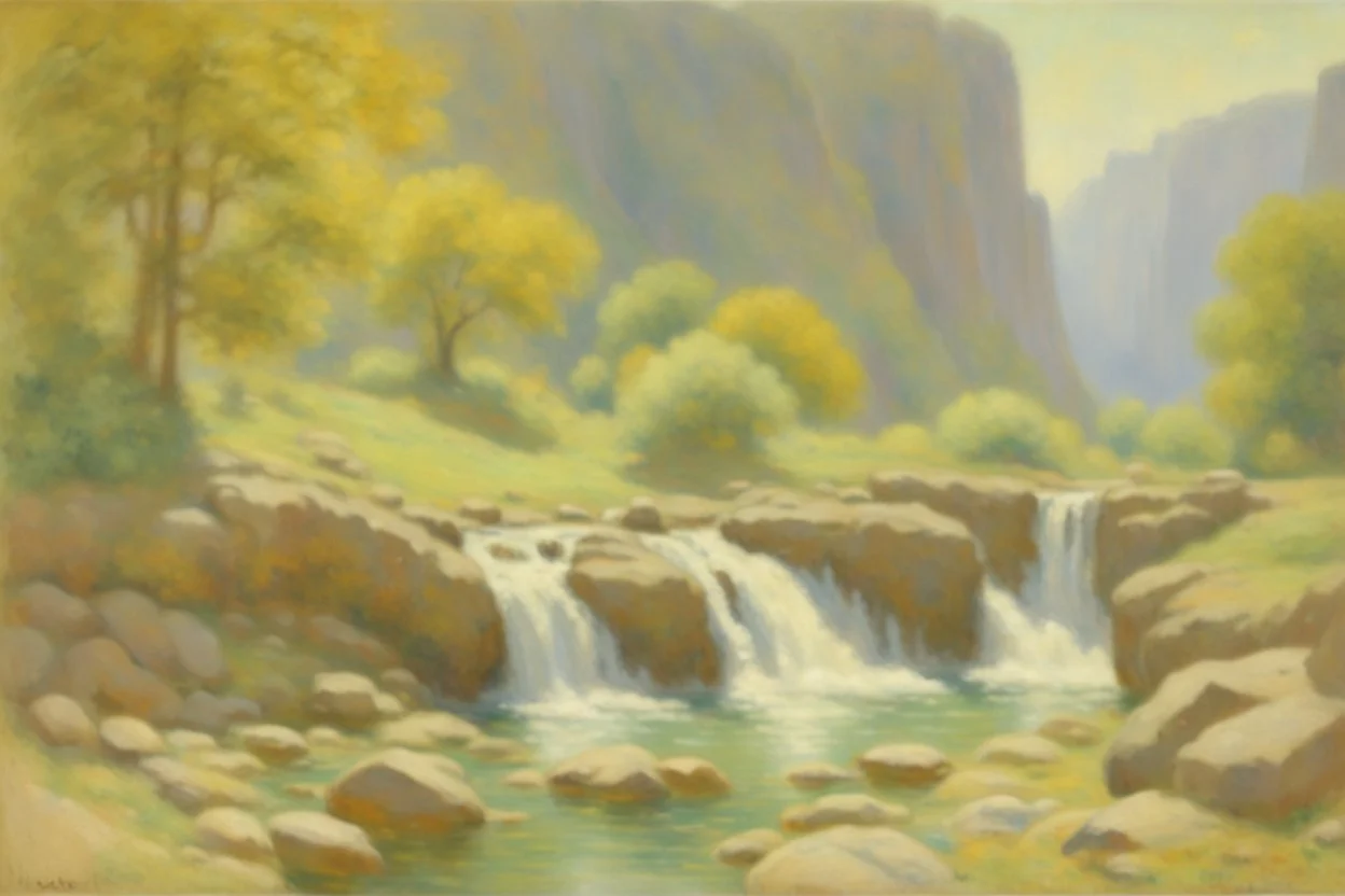 sunny day, rocks, waterfall, mountains, new age influence, cosmic and philosophic influence, gustave de smet and emile claus impressionism paintings