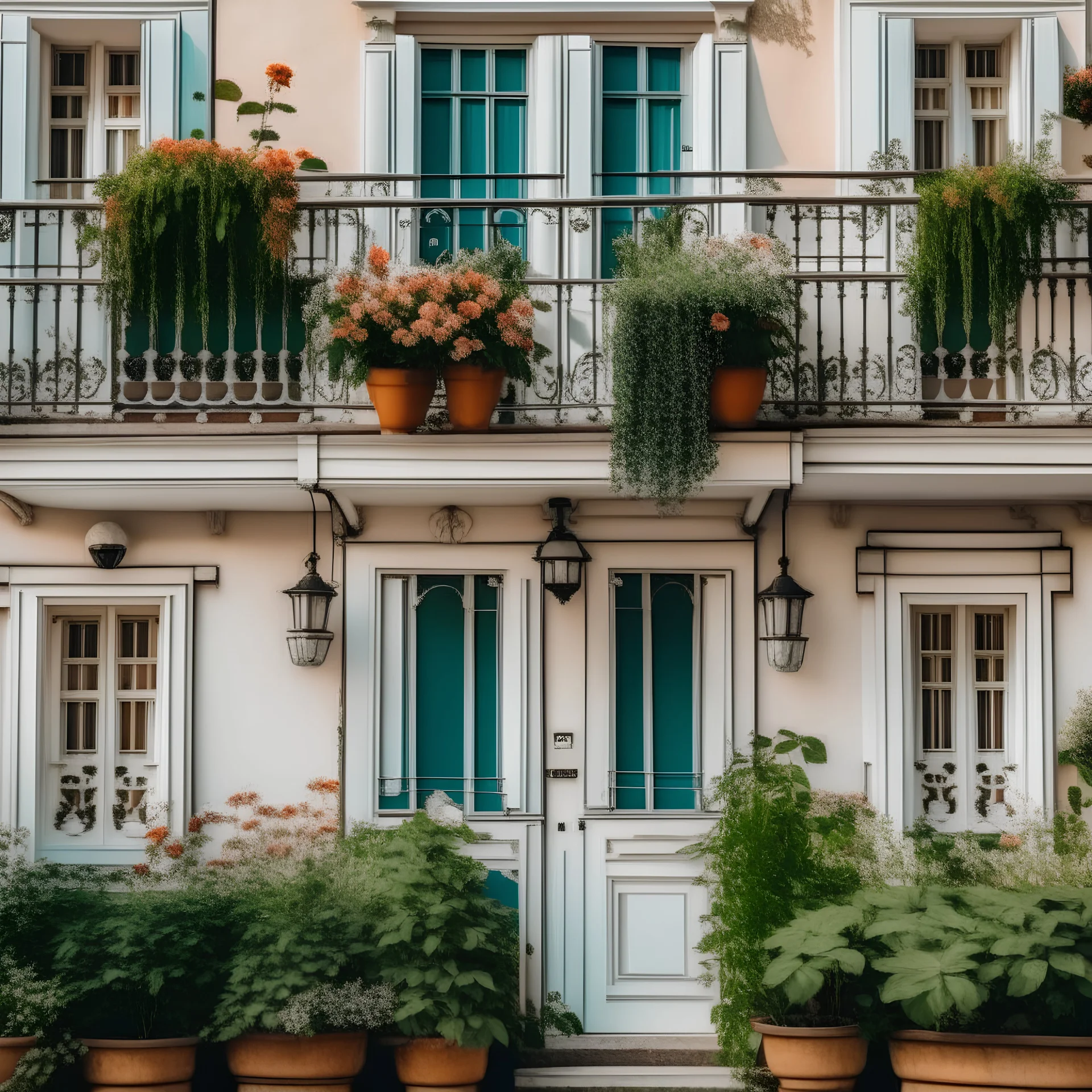 The facade of an old white house with a door, window and balcony decorated with flowers