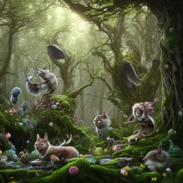 woodland animals surrounding a black robed figure in a beautiful forest, trees and flowers, 8k resolution, high-quality, fine-detail, iridescent, intricate, digital art, detailed matte, volumetric lighting, beautiful, illustration, 3D octane render, margaret weiss, brian froud, howard lyon, selina french, anna dittmann, annie stokes, lisa parker, greg rutowski,