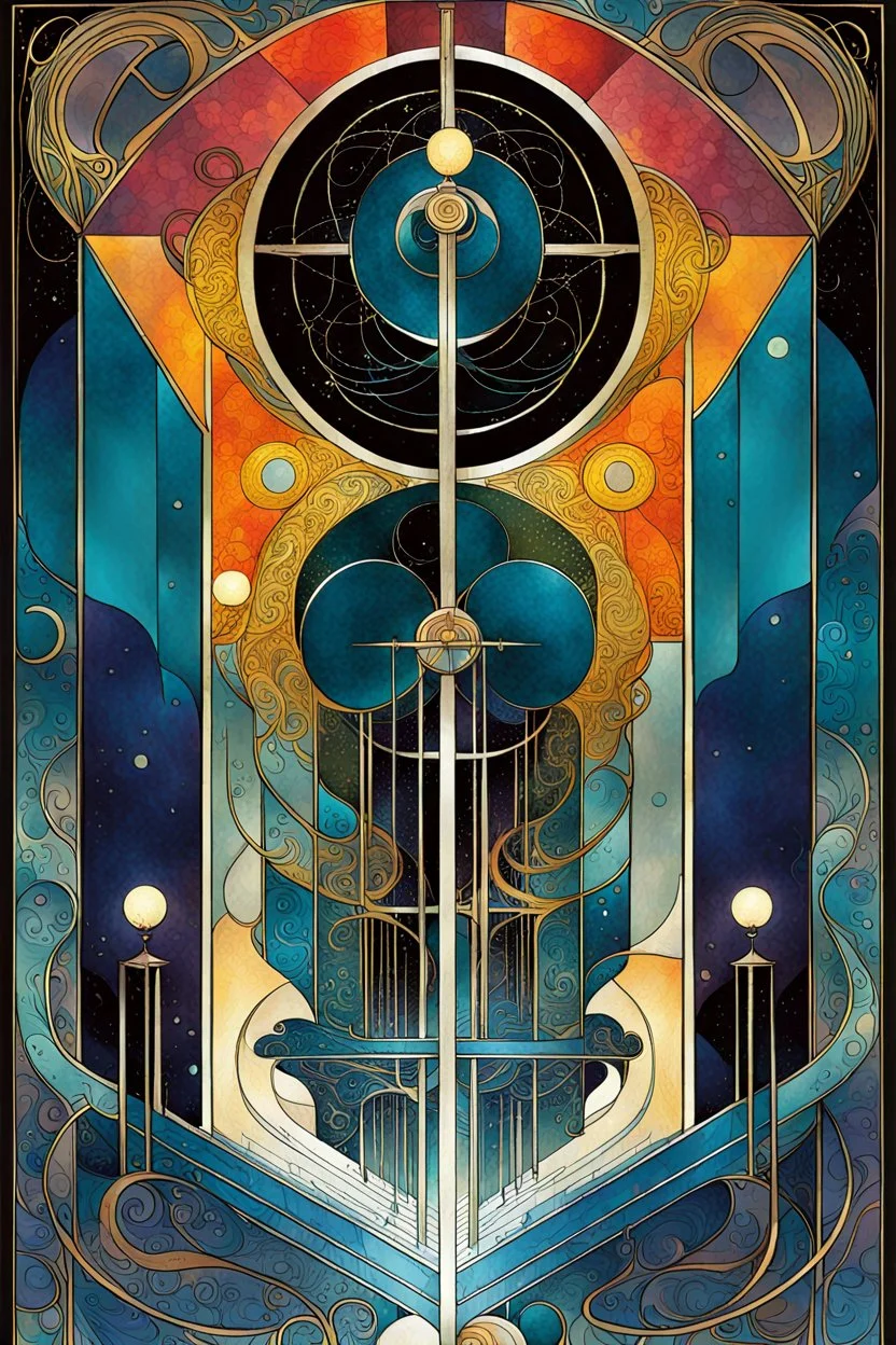 Create a chaotic abstract cubist Tarot Card depicting an ornate,The Three of Swords , in the style of Bill Sienkiewicz, Philippe Druillet, Gustav Klimt, Alphonse Mucha, and Jean Giraud Moebius, precisely drawn, colored and inked, in muted colors, with ornate bordered edges