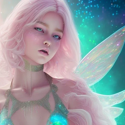 one big crystal glitter pink blue subtle galactic fairy in a galactic ambiance,glitter bikini, long blond hair down to the ground,transparent petals,blue eyes,delicate colors in the foreground, full of details, smooth，soft pink violet light atmosphere, light effect，vaporwave colorful, concept art, smooth, extremely sharp detail, finely tuned detail, ultra high definition, 8 k, unreal engine 5, ultra sharp focus