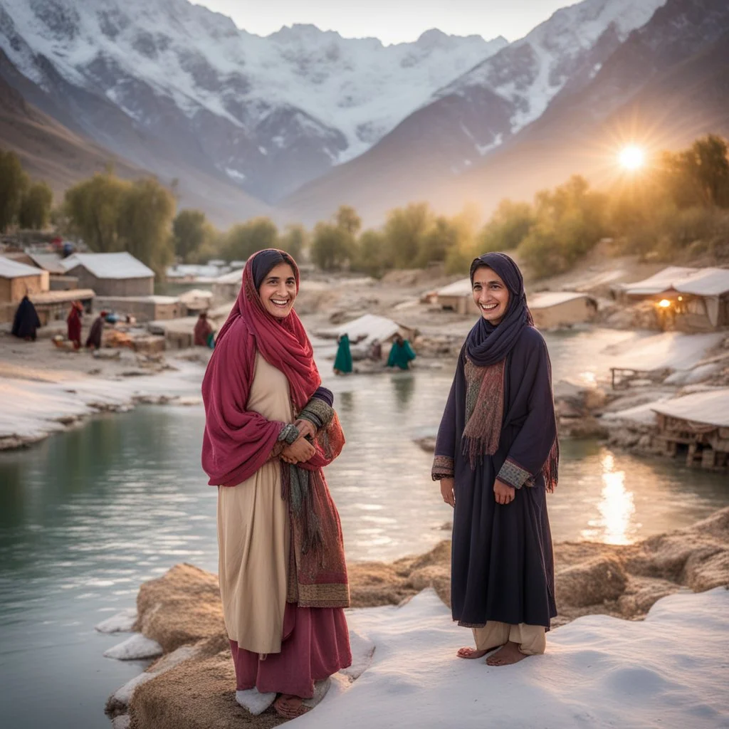 Pakistani Pukhtoon Women smiling at sunrise riverside & snowy mountains with a typical village market