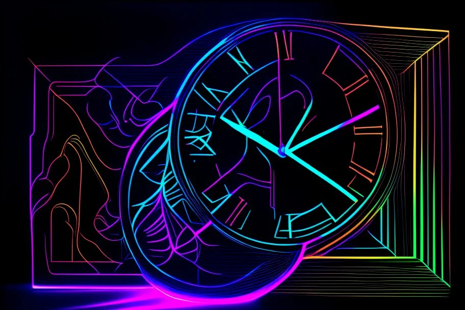 black background, outlines of a holographic clock and a picture in border drawn from thin neon-coloured glowing lines