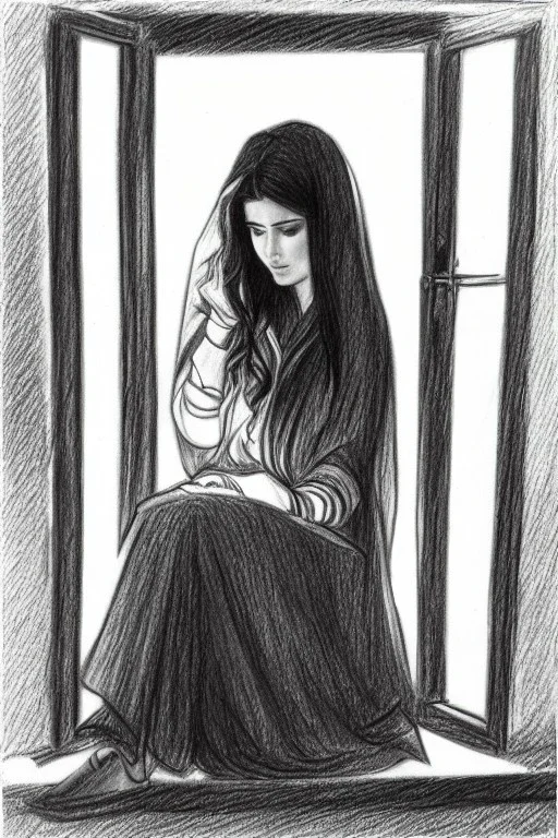 Pencil sketch of Young woman look through the window , Arab features,sad, long wavy hair, full body، on lined paper