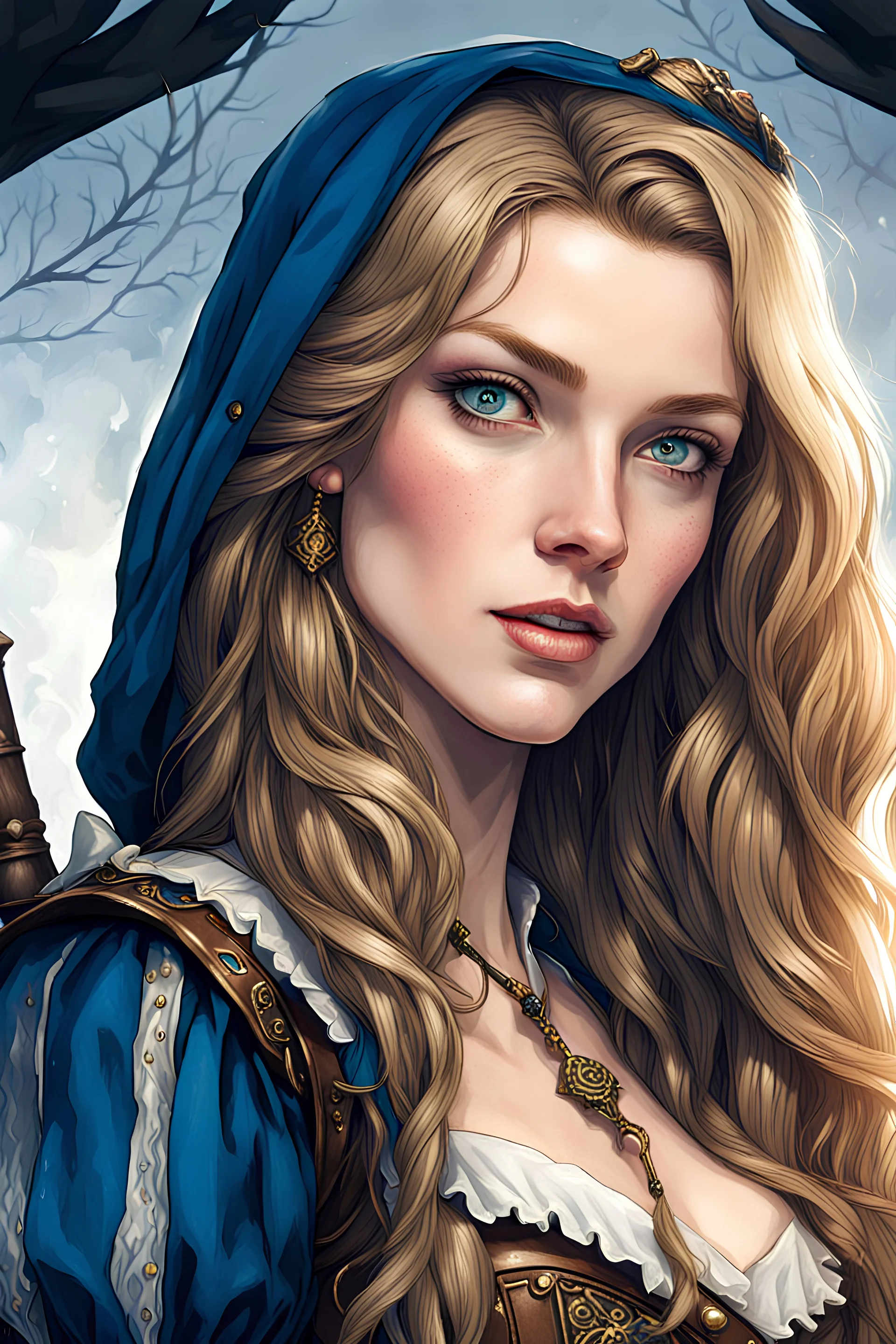 a beatiful female landsknecht. dark blonde long hair. blue eyes. pale white skin.