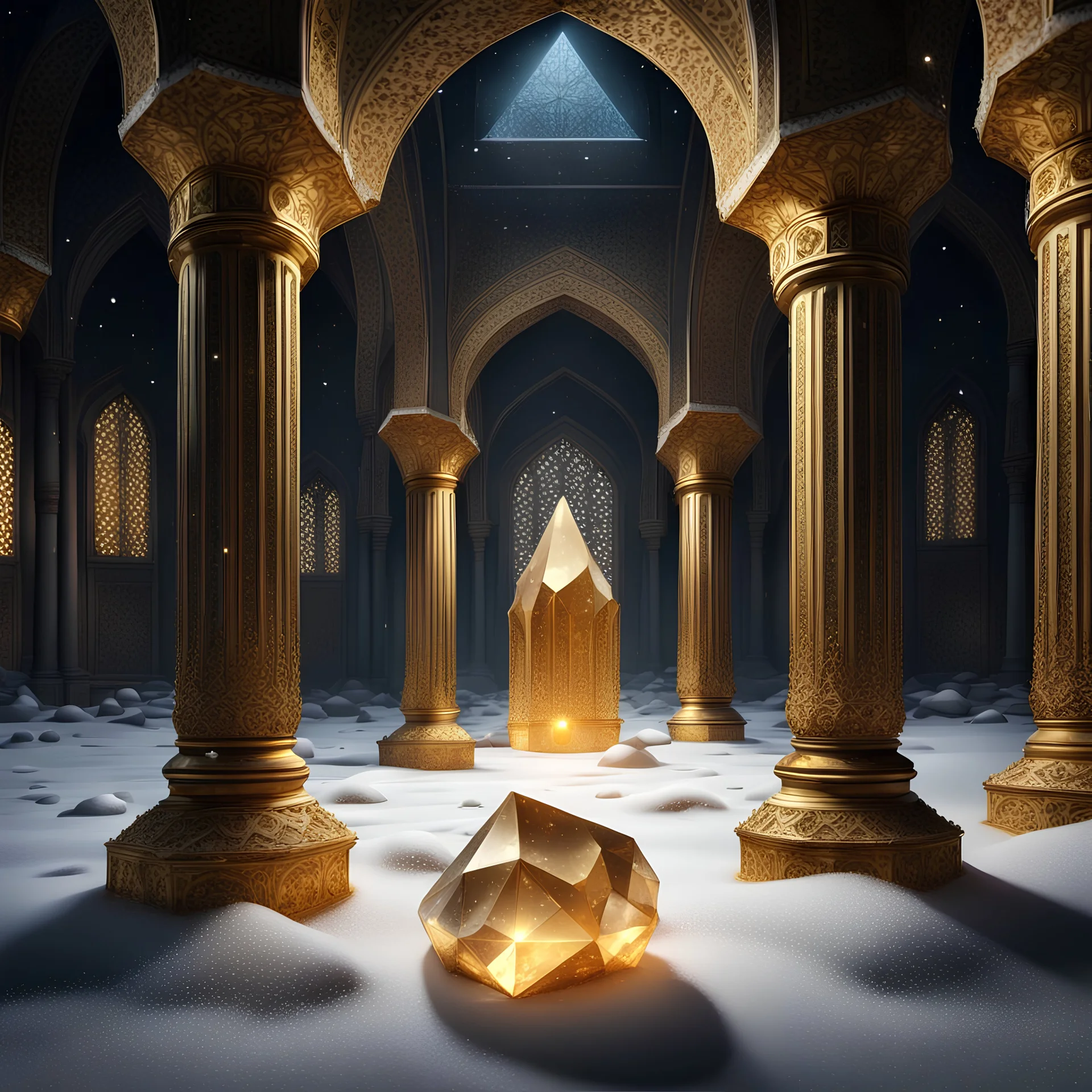 Hyper Realistic Big golden Crystals on snow Inside a Dark Abandoned Mosque with beautifully crafted pillars at dark night