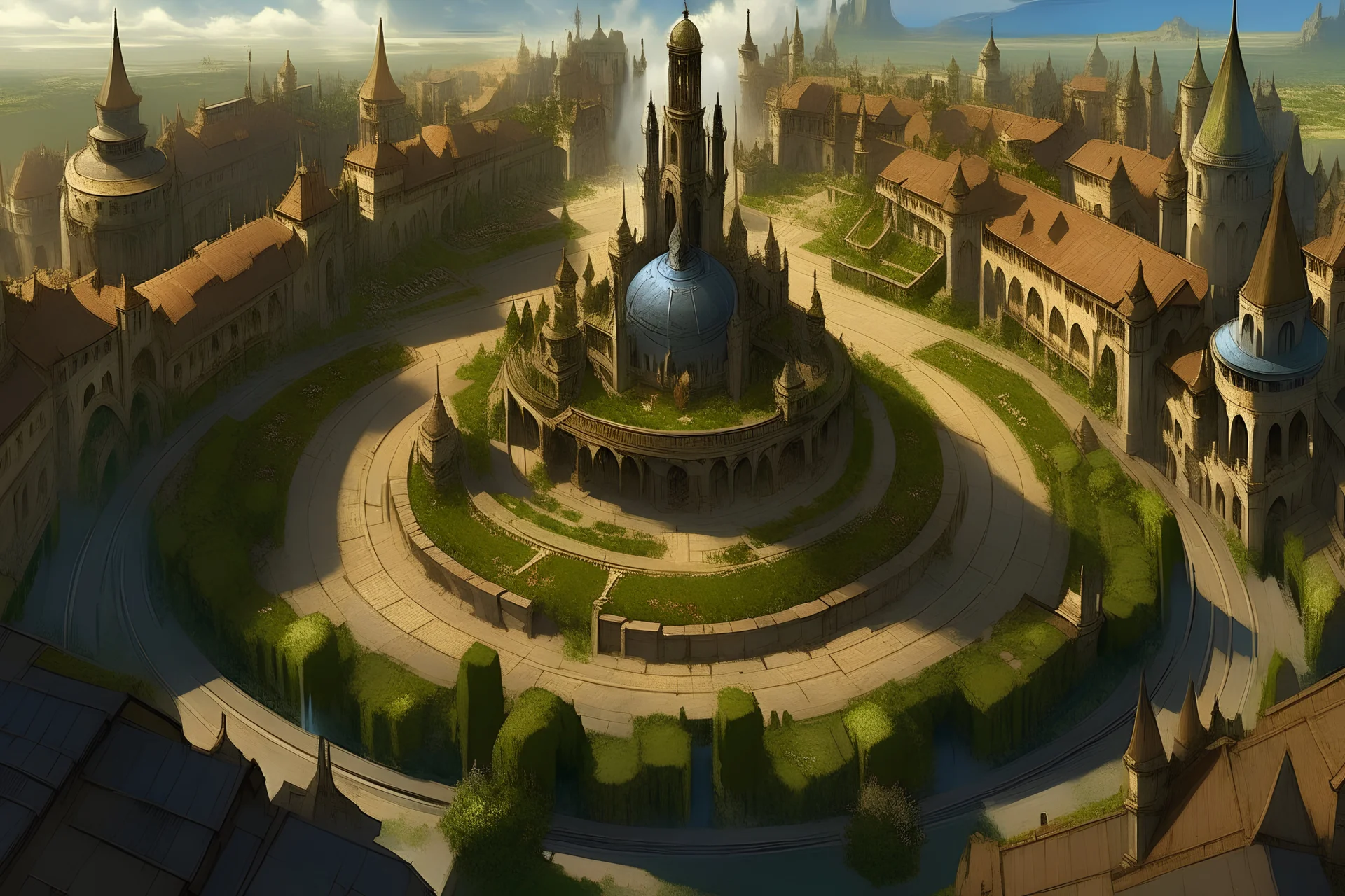 top view, big city, medieval fantasy, plains, crops, castle, central place with a little fountain