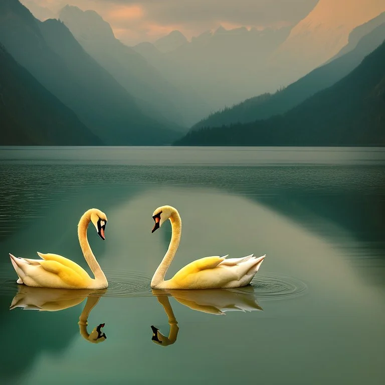 two swans in a romantic lake, dark green and warm yellow color, fantasy atmosphere, photo quality