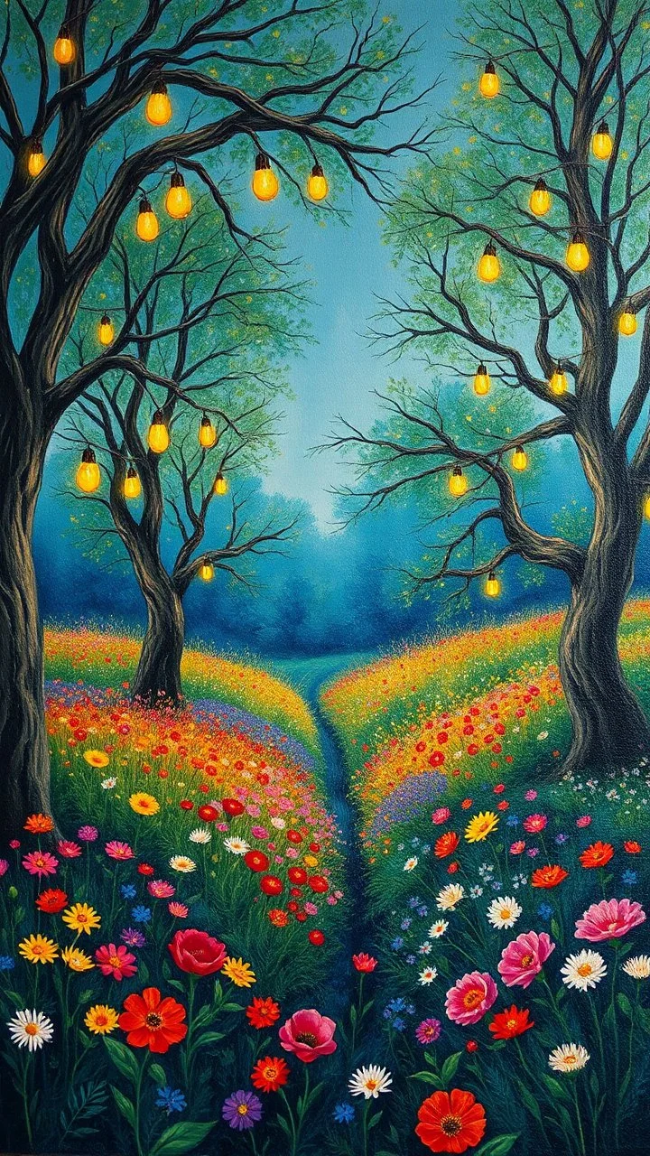 Garden of Eden, trees with hanging lights, a beautiful colorful flowers field all oil painted picture with a beautiful dark blue high quality picture