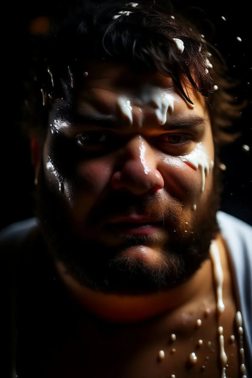 half figure shot photography of an ugly spanish strong chubby unshaved man 28 years old, emotive eyes, ajar mouth dripping white semitransparent glue, with the face wet with white glue dripping, splashes of white semitransparent glue on the face, in the wood at night, unshaved, short hairs, photorealistic, lit by bonfire