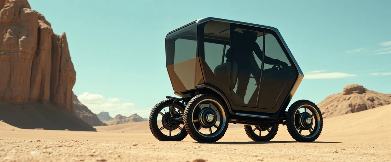 guy standing inside laid back futuristic sci-fi glass human form bomb like car coffin on wheels, two wheels ar on the middle tipping point, one in the back and one in the front