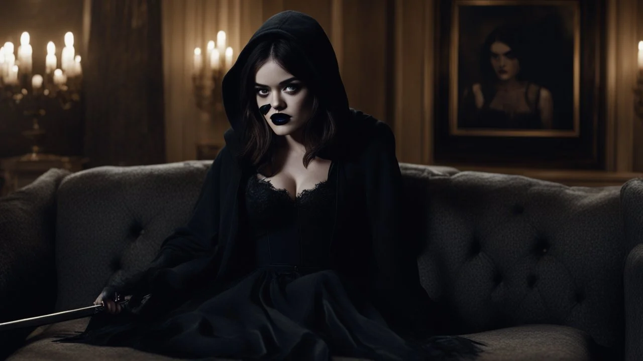 [Legend (1985)] Lucy Hale as Dahlia Death, she is a pale brunette with black lipstick clad in a dark agent provocateur dress with a hoodie and a scythe. She sits on a sofa in a dark mansion