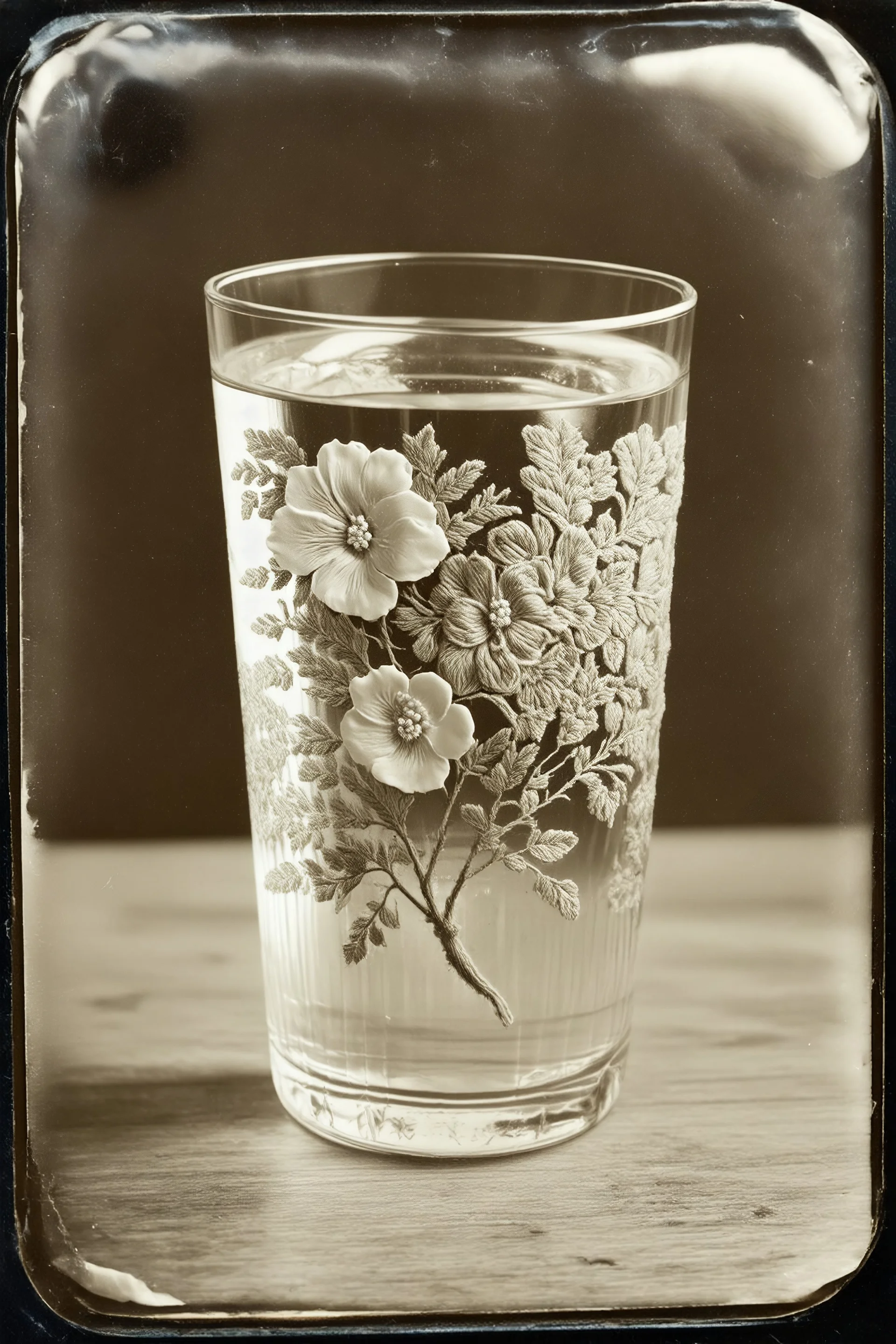 Verre d'eau avec des fleurs brodees, , tintype
