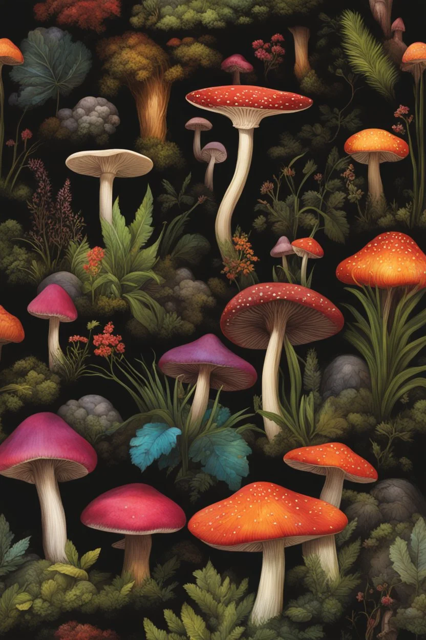 Explore a vibrant world of exotic flora and fauna, where towering mushrooms rise from a black liquid surface.