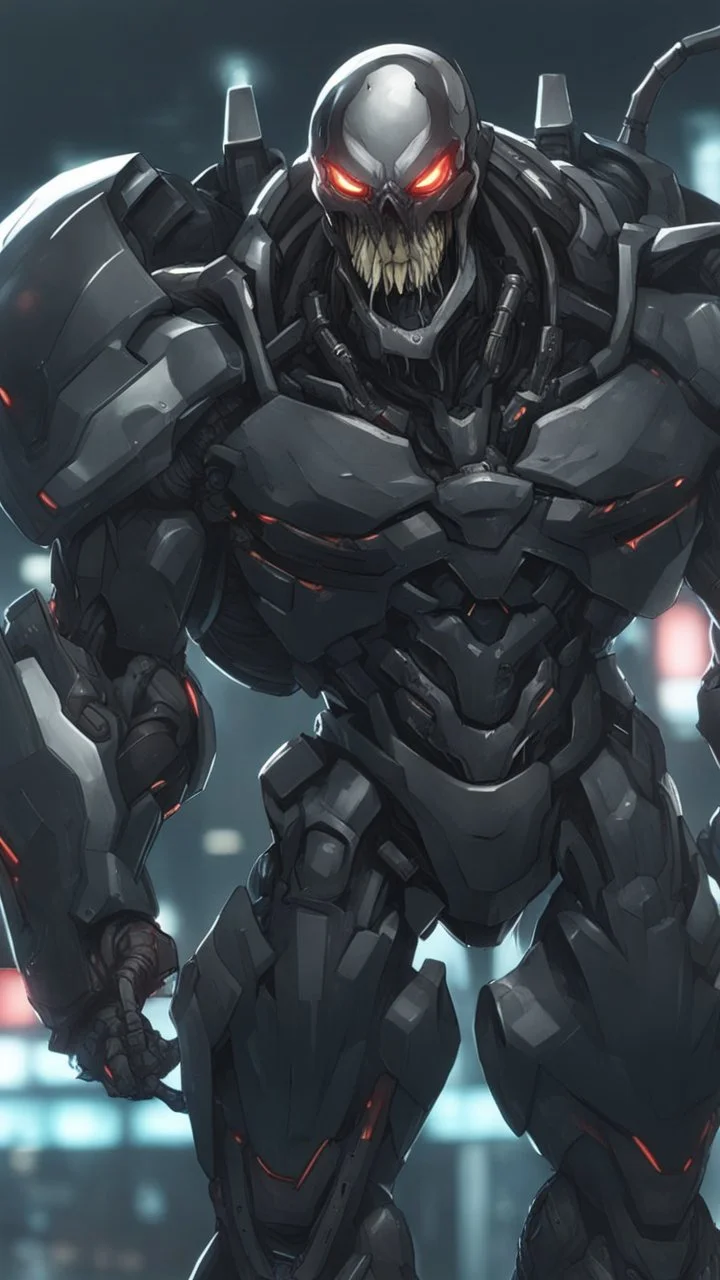 a close up of a Mega Giant in a venom suit, venomized, goth cybersuit, anime mech armor, overwatch character concept art, cyber skeleton, cyber japan armor, cyber fight armor, cyberpunk venom , hard surface character pinterest, reaper from overwatch, black heavy armor, mecha anthropomorphic penguin, mecha suit, venom mecha, muscular! cyberpunk