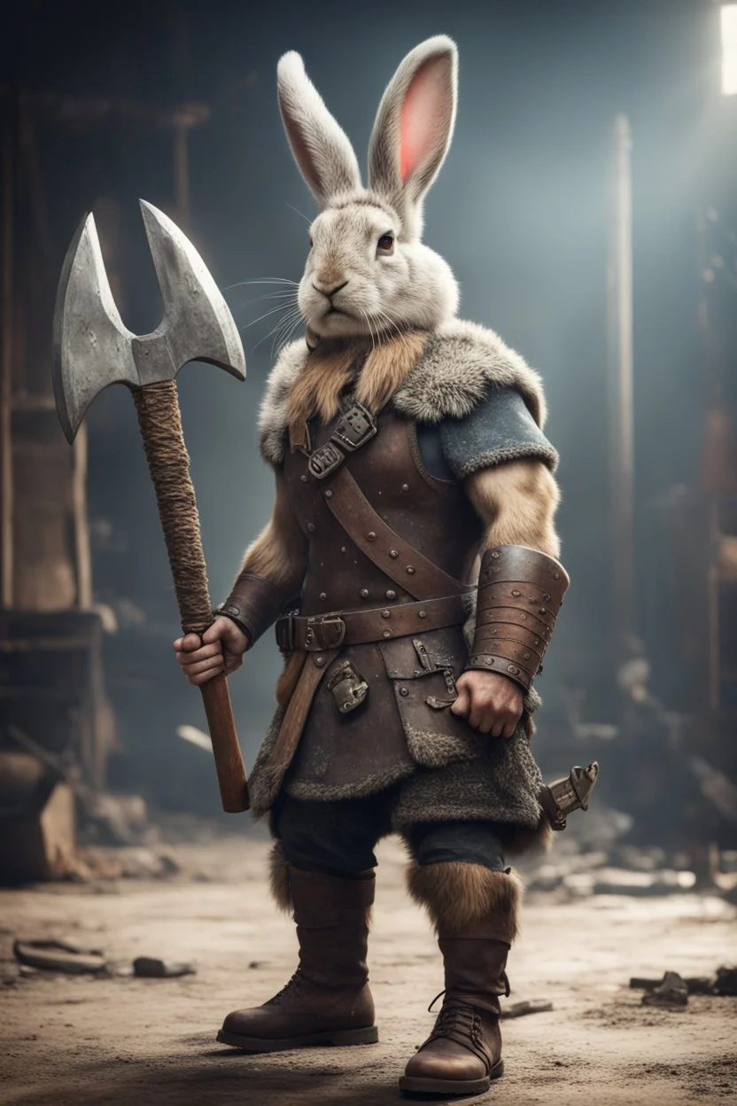 portrait of fast historic strong viking rabbit with horned viking helmet & boots holding war axe in fallout 4 setting, bokeh, downlight, prize winning, depth of field, in the style of ivo caprino