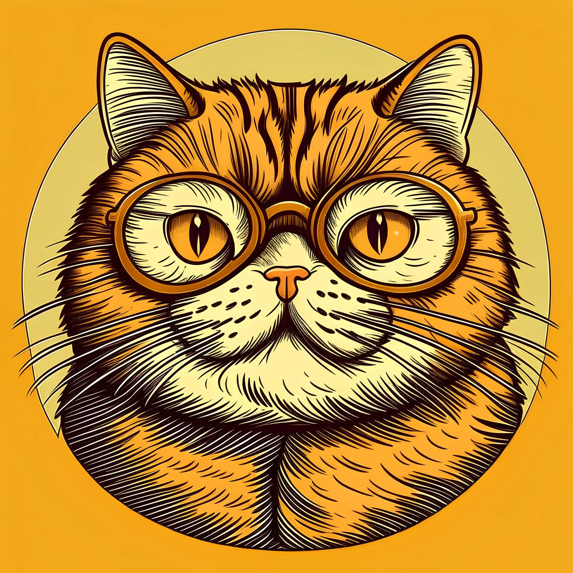Illustration of fat cat wearing round glasses.